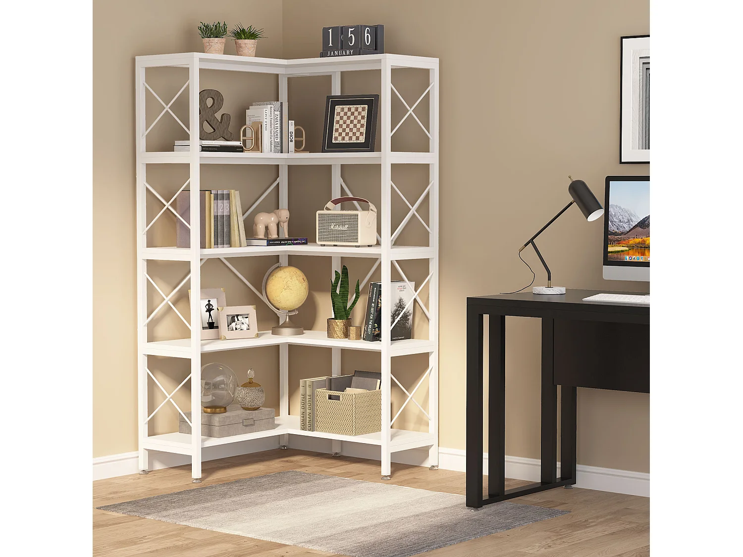 Eckbibliothek, Große industrielle Eckregal, Eckregal auf Beinen mit Metallrahmen für Wohnzimmer, Haus, Büro (Weiß)