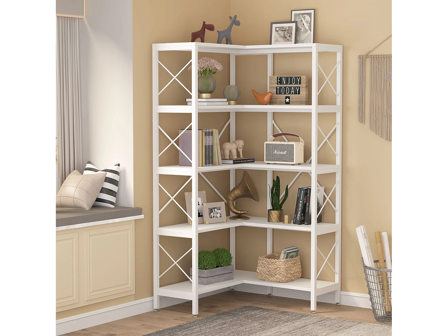 Eckbibliothek, Große industrielle Eckregal, Eckregal auf Beinen mit Metallrahmen für Wohnzimmer, Haus, Büro (Weiß)