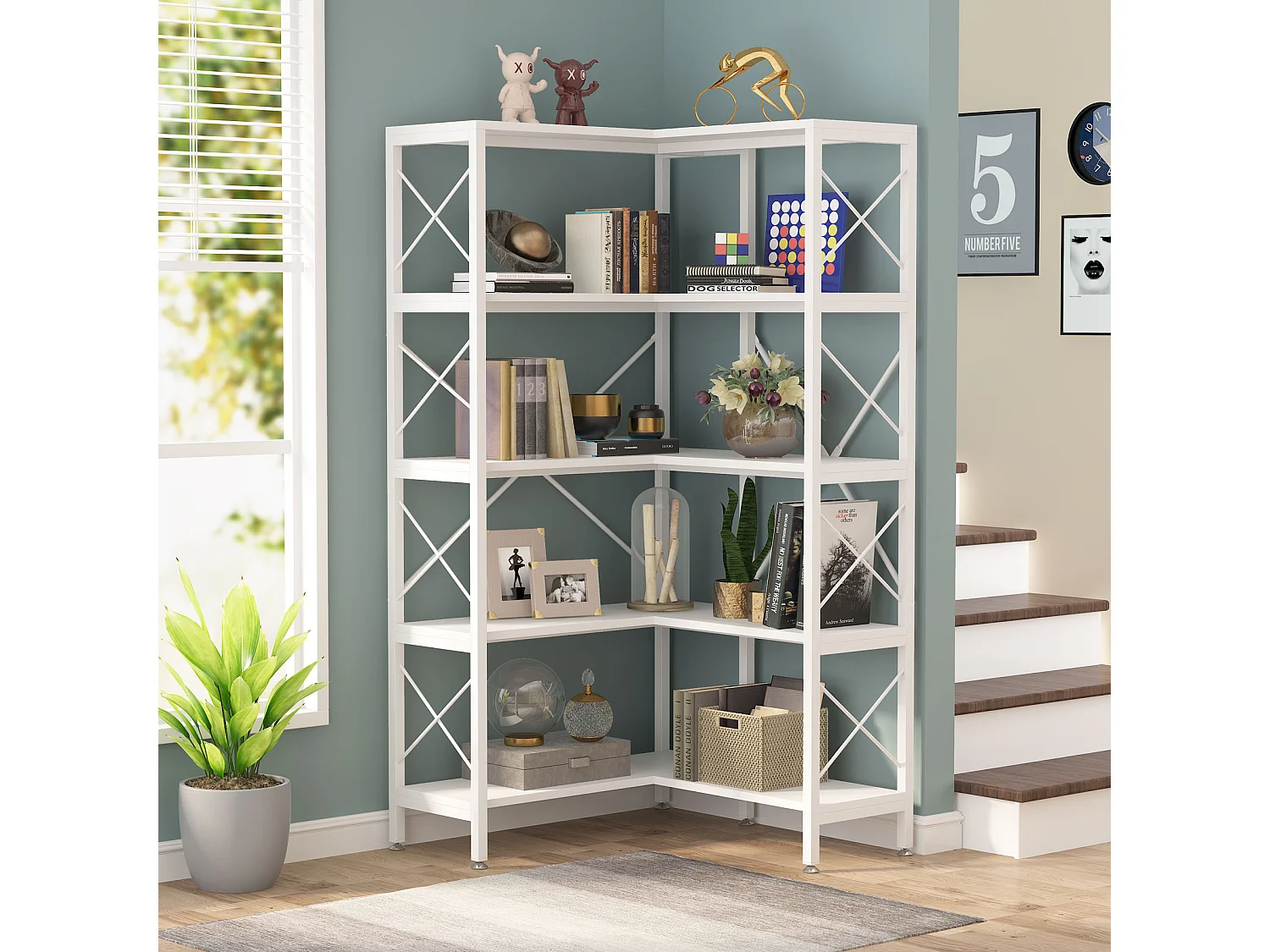 Eckbibliothek, Große industrielle Eckregal, Eckregal auf Beinen mit Metallrahmen für Wohnzimmer, Haus, Büro (Weiß)