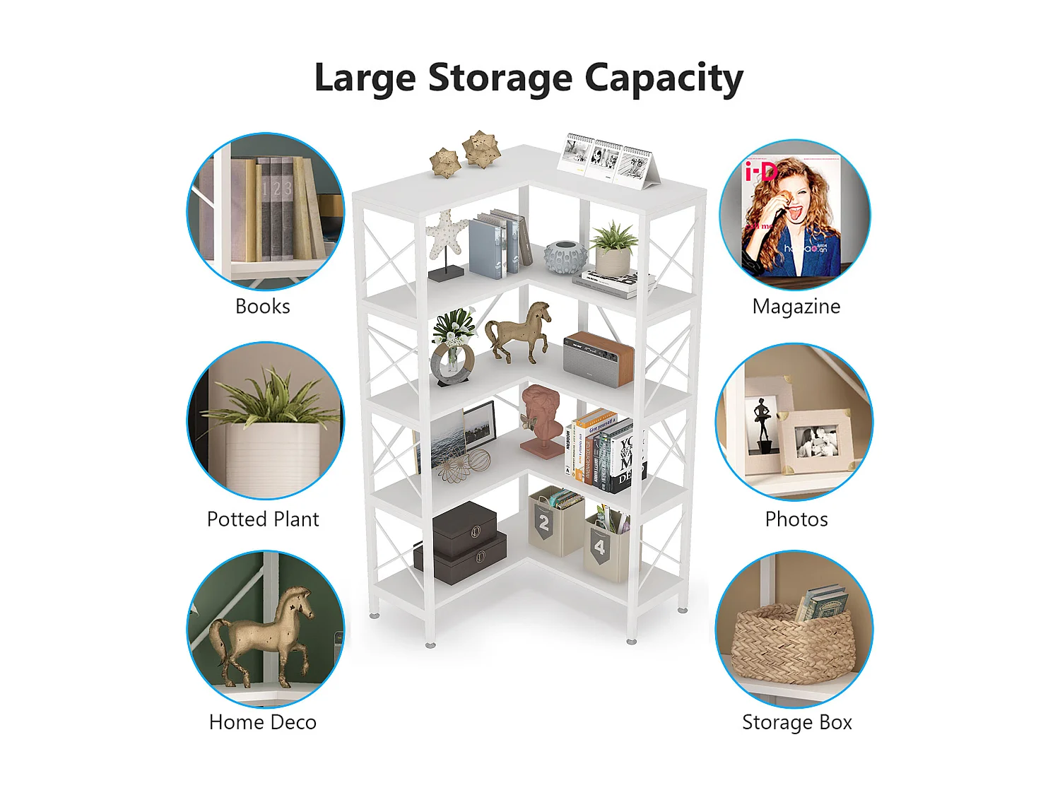 Eckbibliothek, Große industrielle Eckregal, Eckregal auf Beinen mit Metallrahmen für Wohnzimmer, Haus, Büro (Weiß)