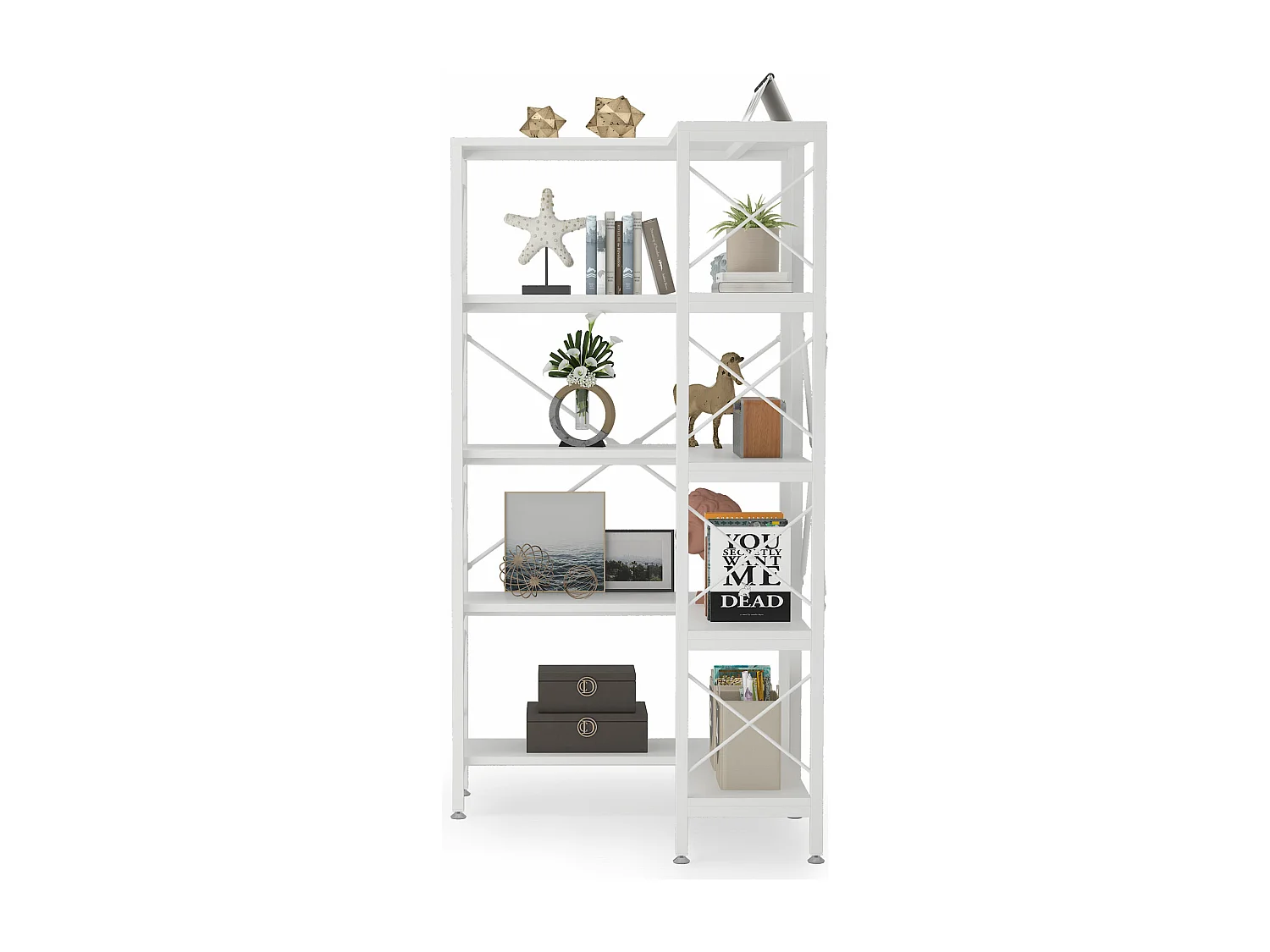 Eckbibliothek, Große industrielle Eckregal, Eckregal auf Beinen mit Metallrahmen für Wohnzimmer, Haus, Büro (Weiß)