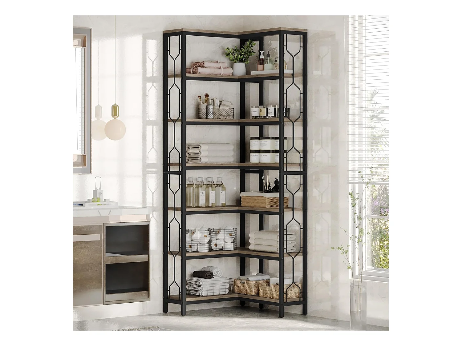 Estante de canto, estante industrial com 7 níveis, estantes de canto de madeira e metal, estante de exibição autossustentável (cinza)