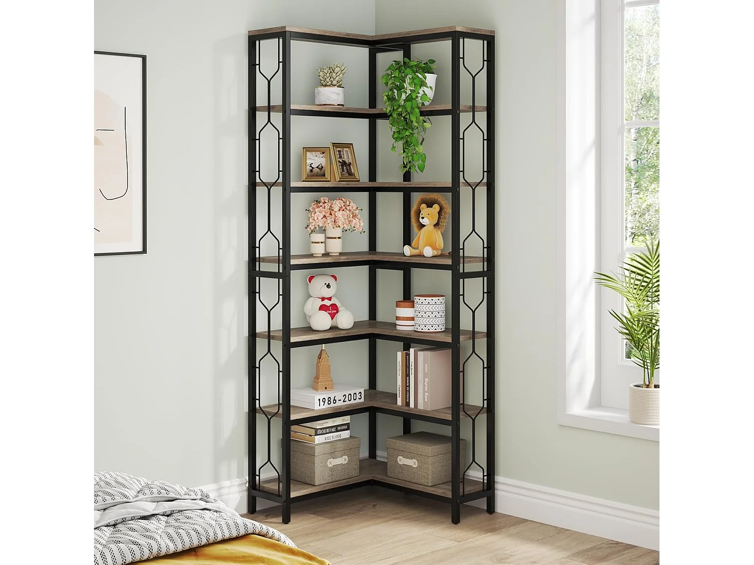 Estante de canto, estante industrial com 7 níveis, estantes de canto de madeira e metal, estante de exibição autossustentável (cinza)