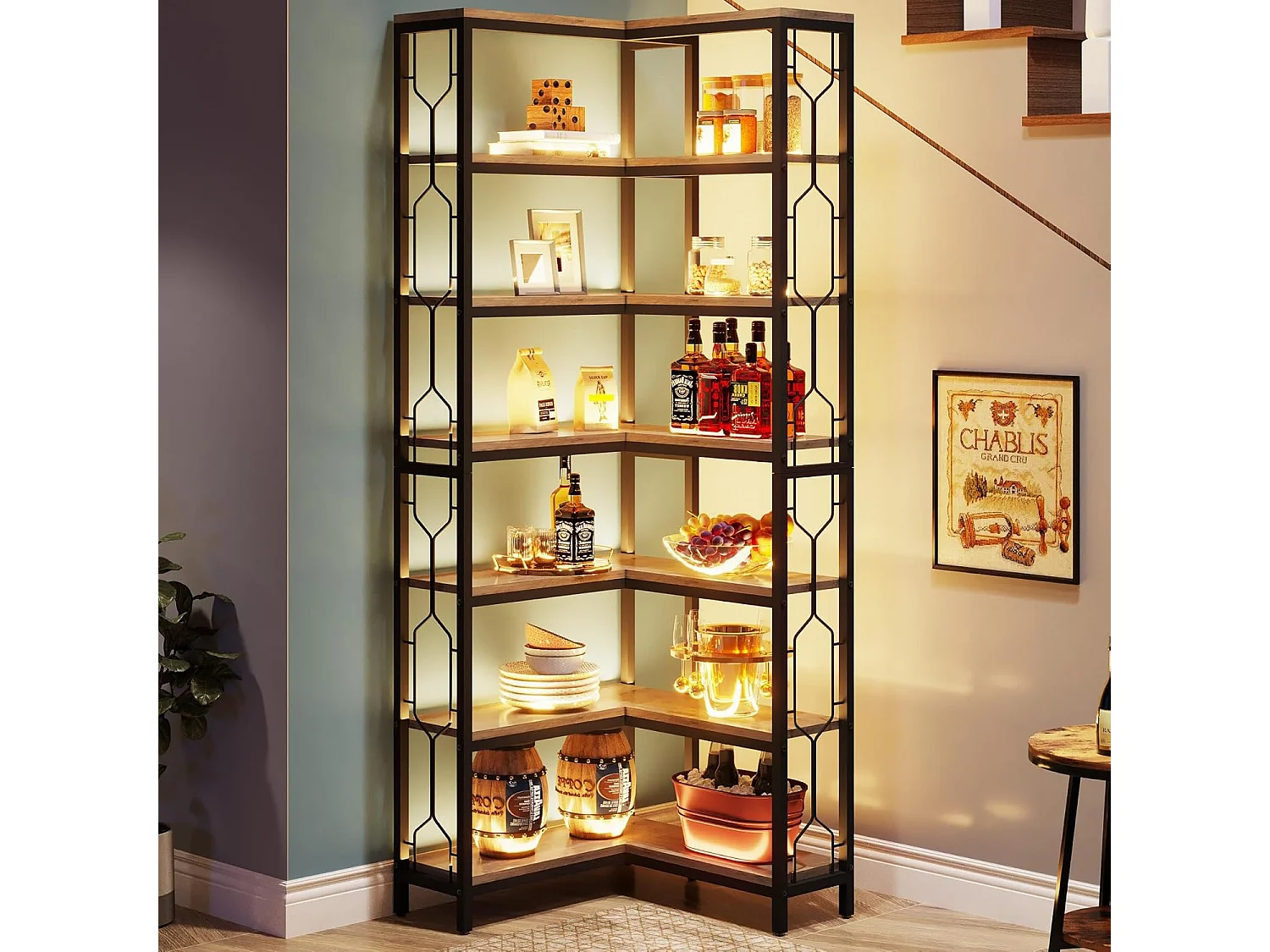 Estante de canto, estante industrial com 7 níveis, estantes de canto de madeira e metal, estante de exibição autossustentável (cinza)