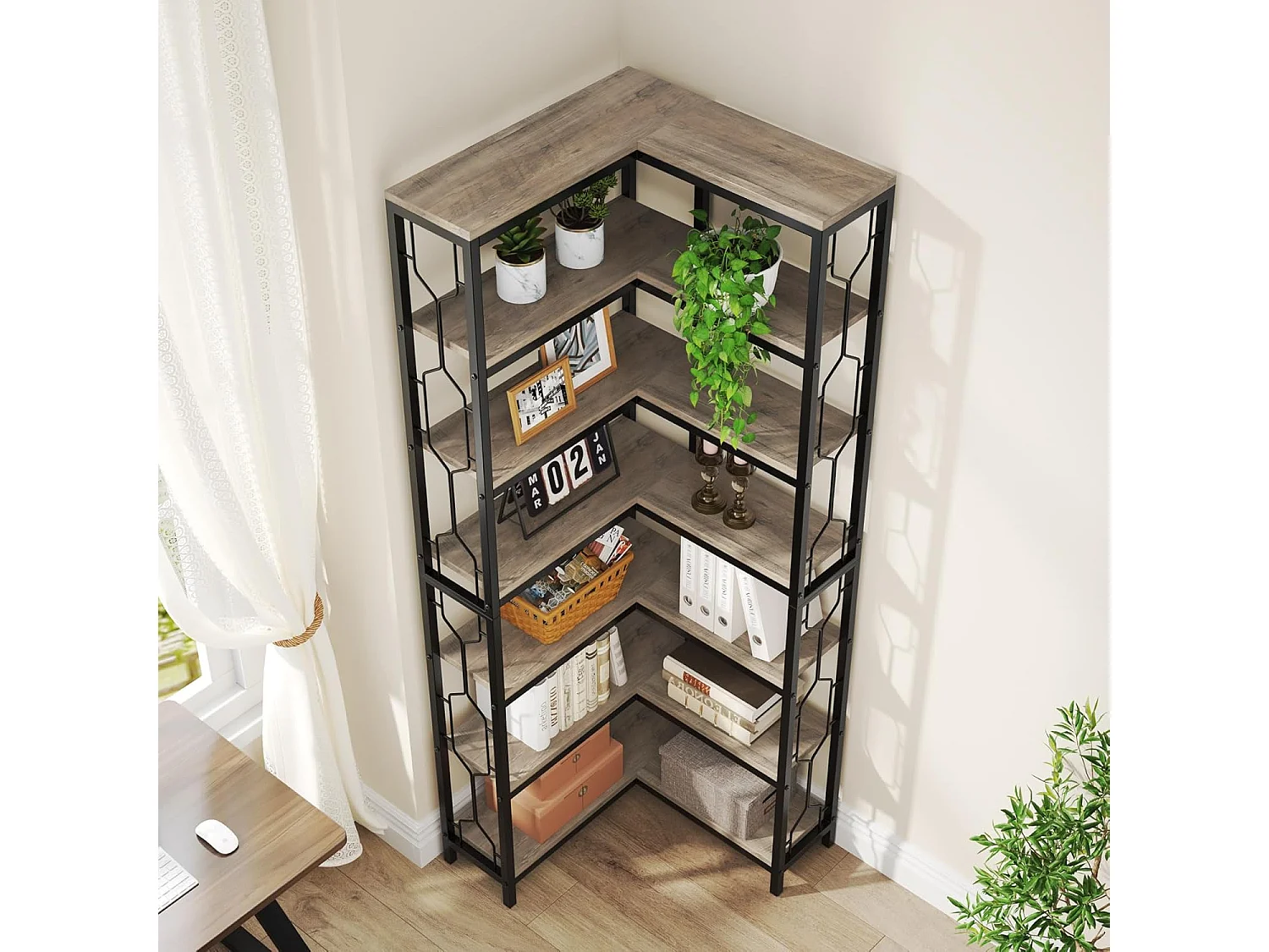 Bibliothèque d'angle, étagère Industrielle à 7 Niveaux, étagères d'angle en Bois et Métal, étagère d'affichage autoportante (Gris)