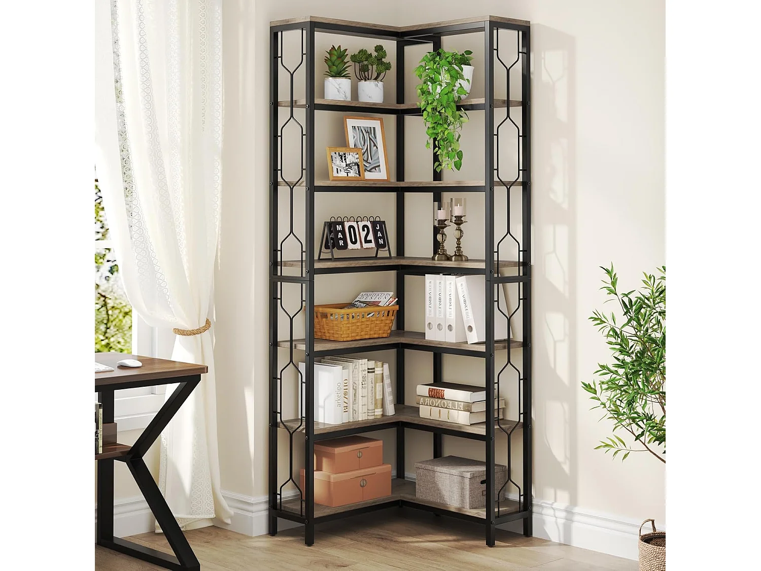 Bibliothèque d'angle, étagère Industrielle à 7 Niveaux, étagères d'angle en Bois et Métal, étagère d'affichage autoportante (Gris)