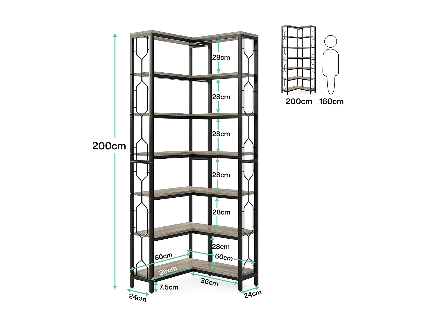 Bibliothèque d'angle, étagère Industrielle à 7 Niveaux, étagères d'angle en Bois et Métal, étagère d'affichage autoportante (Gris)
