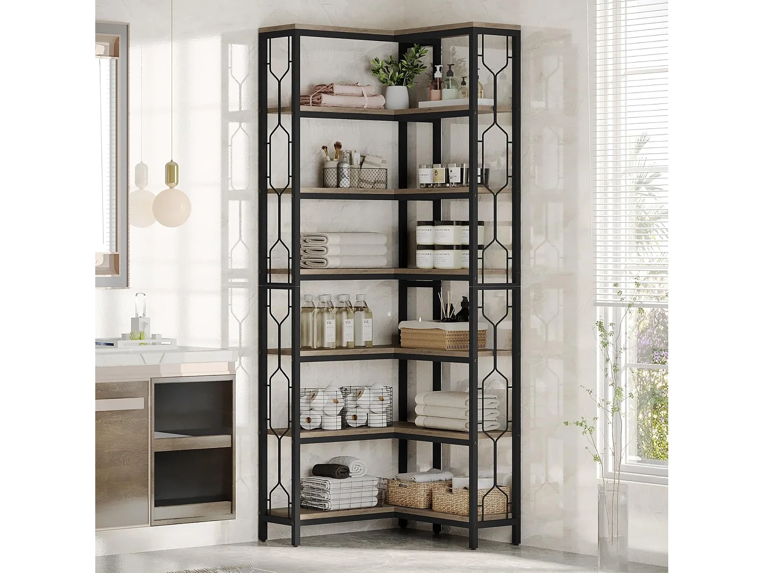 Bibliothèque d'angle, étagère Industrielle à 7 Niveaux, étagères d'angle en Bois et Métal, étagère d'affichage autoportante (Gris)