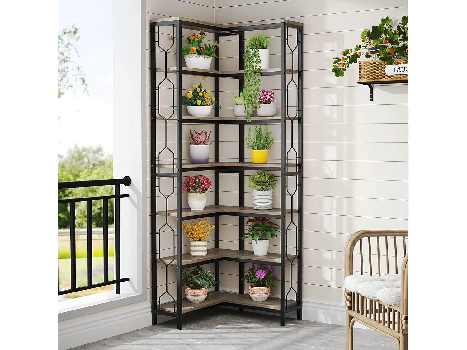 Bibliothèque d'angle, étagère Industrielle à 7 Niveaux, étagères d'angle en Bois et Métal, étagère d'affichage autoportante (Gris)