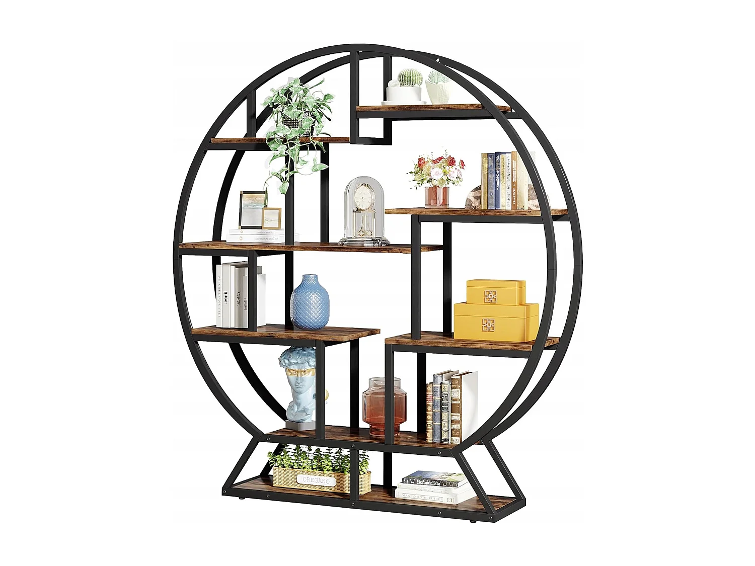 Tribesigns Boekenkast, Ronde Boekenkast, 5-laags Industrieel, Vrijstaande Hoge Boekenkast met 8 Open Opbergplanken voor Woonkamer, Kantoor, 150 x 30 x 160 cm, Rustiek Bruin