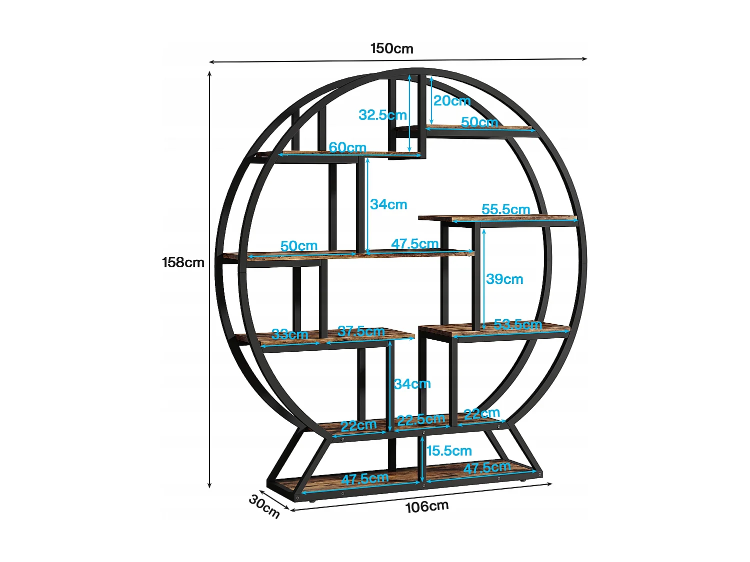 Tribesigns Boekenkast, Ronde Boekenkast, 5-laags Industrieel, Vrijstaande Hoge Boekenkast met 8 Open Opbergplanken voor Woonkamer, Kantoor, 150 x 30 x 160 cm, Rustiek Bruin