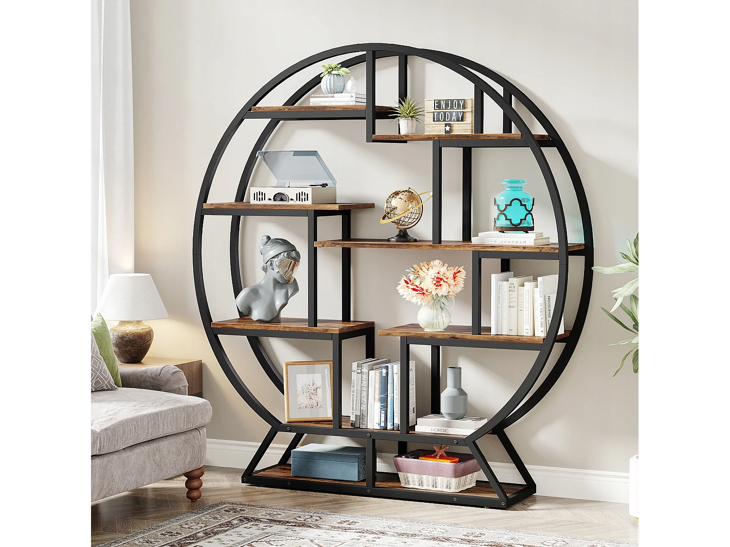 Tribesigns Boekenkast, Ronde Boekenkast, 5-laags Industrieel, Vrijstaande Hoge Boekenkast met 8 Open Opbergplanken voor Woonkamer, Kantoor, 150 x 30 x 160 cm, Rustiek Bruin