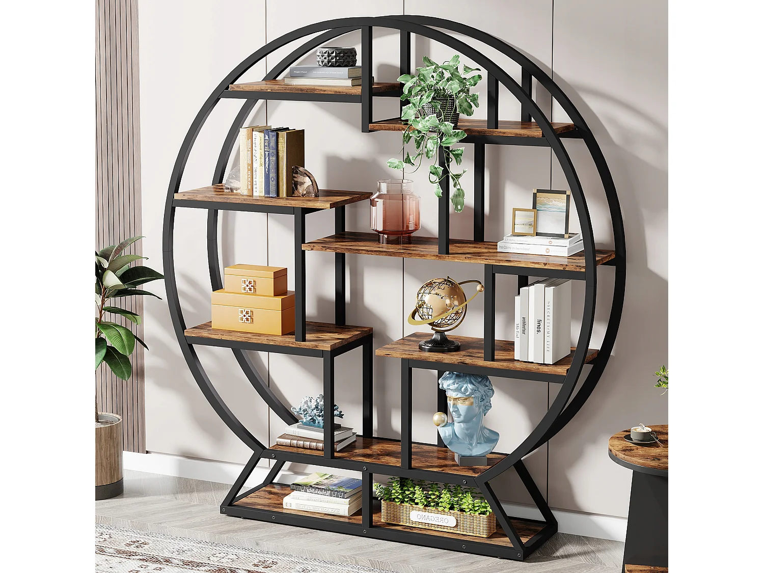 Tribesigns Boekenkast, Ronde Boekenkast, 5-laags Industrieel, Vrijstaande Hoge Boekenkast met 8 Open Opbergplanken voor Woonkamer, Kantoor, 150 x 30 x 160 cm, Rustiek Bruin