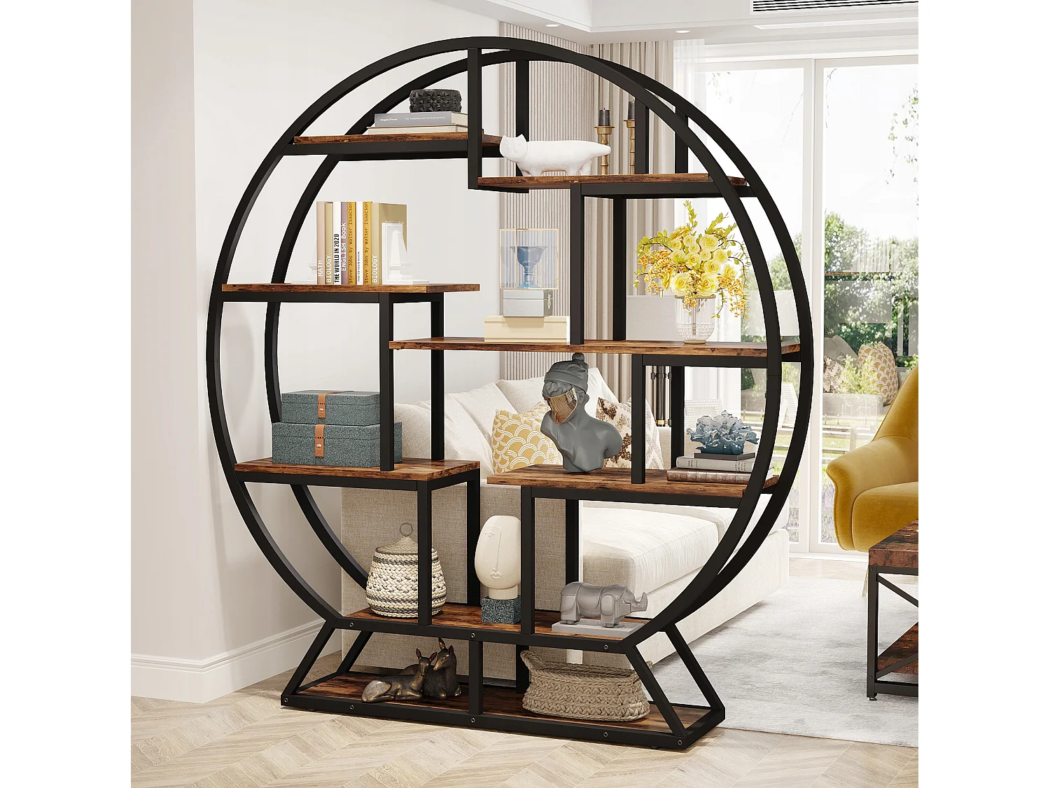 Tribesigns Boekenkast, Ronde Boekenkast, 5-laags Industrieel, Vrijstaande Hoge Boekenkast met 8 Open Opbergplanken voor Woonkamer, Kantoor, 150 x 30 x 160 cm, Rustiek Bruin