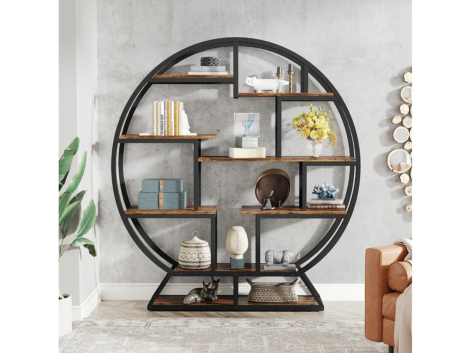 Bibliothèque, Bibliothèque Ronde, Industrielle à 5 Niveaux, Haute bibliothèque Autonome avec étagère de Rangement à 8 Ouvertures pour Salon, Bureau