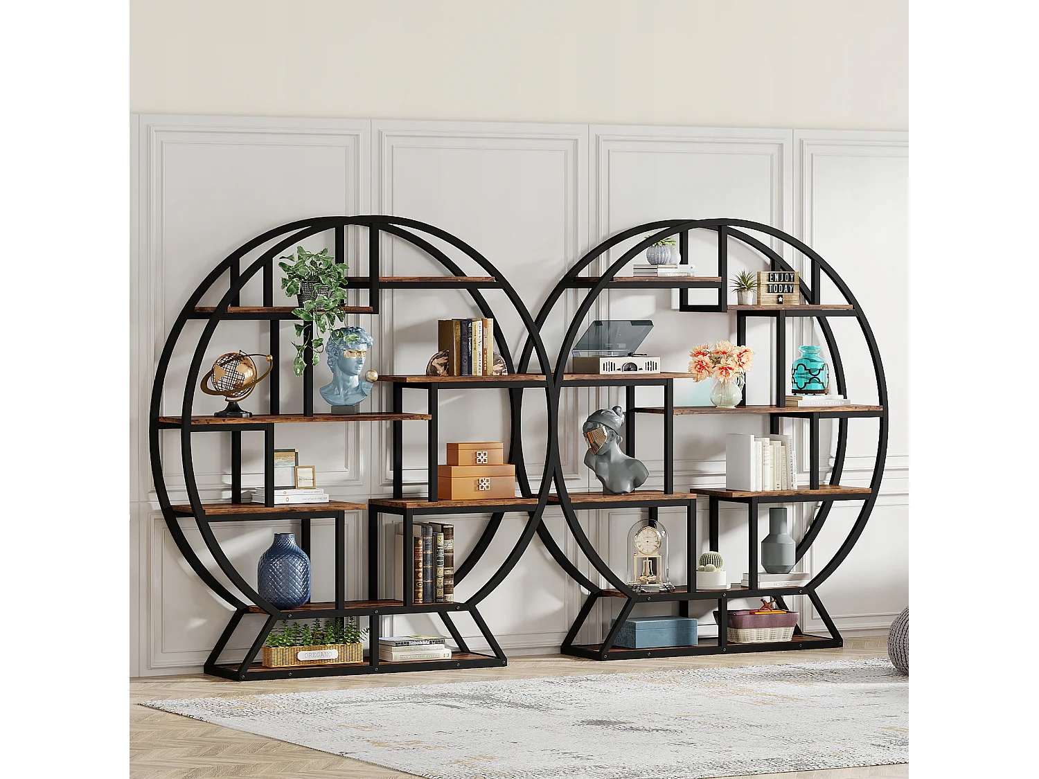 Bibliothèque, Bibliothèque Ronde, Industrielle à 5 Niveaux, Haute bibliothèque Autonome avec étagère de Rangement à 8 Ouvertures pour Salon, Bureau