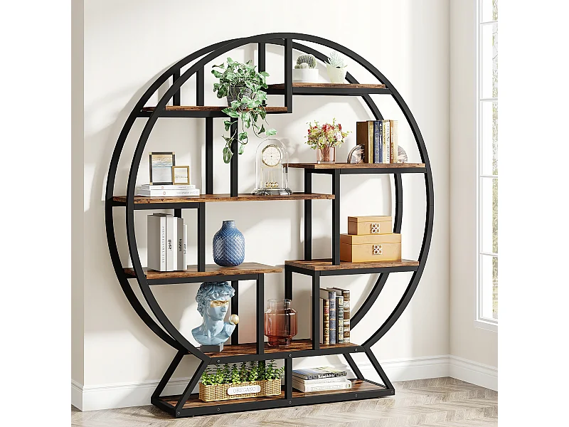 Tribesigns Boekenkast, Ronde Boekenkast, 5-laags Industrieel, Vrijstaande Hoge Boekenkast met 8 Open Opbergplanken voor Woonkamer, Kantoor, 150 x 30 x 160 cm, Rustiek Bruin