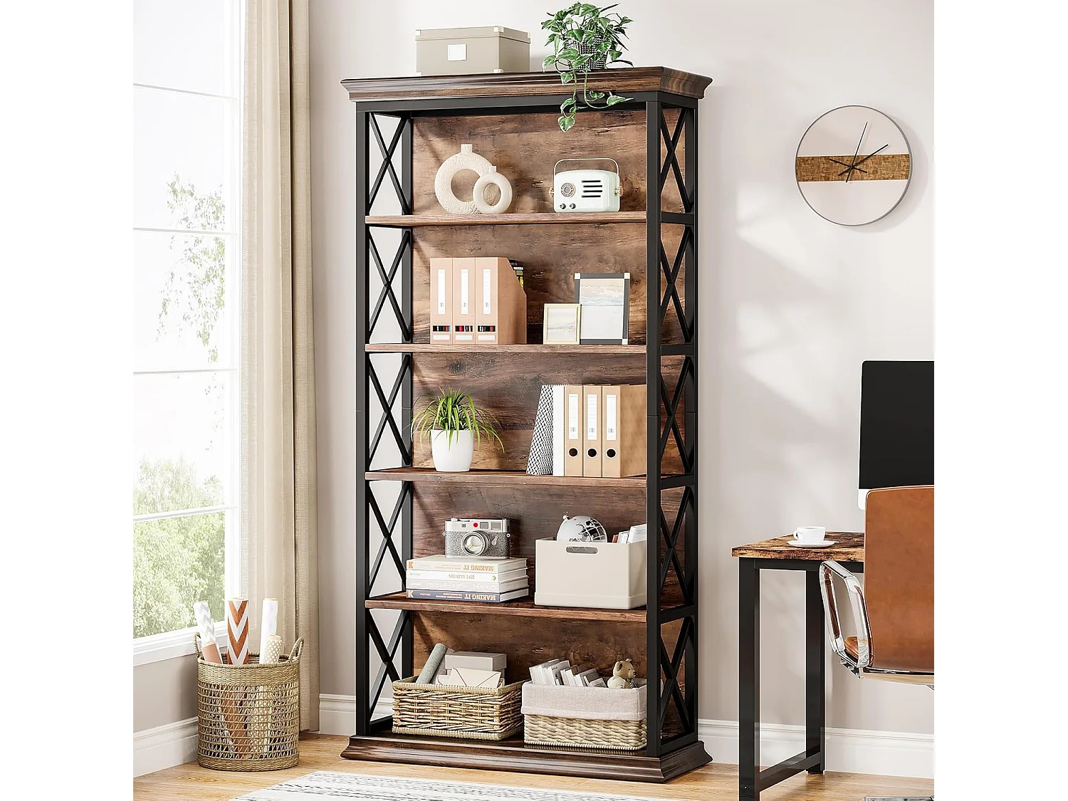 Bibliothèque Industrielle à 6 Niveaux, 180 cm, à Poser au Sol, 5 étagères de Rangement pour la Maison, Le Bureau, Marron et Noir