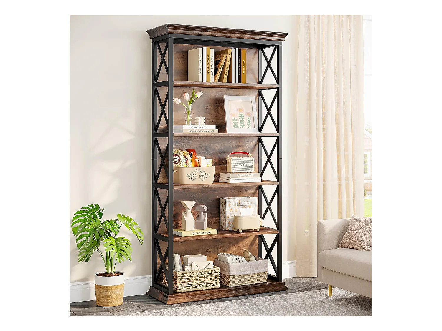 Bibliothèque Industrielle à 6 Niveaux, 180 cm, à Poser au Sol, 5 étagères de Rangement pour la Maison, Le Bureau, Marron et Noir