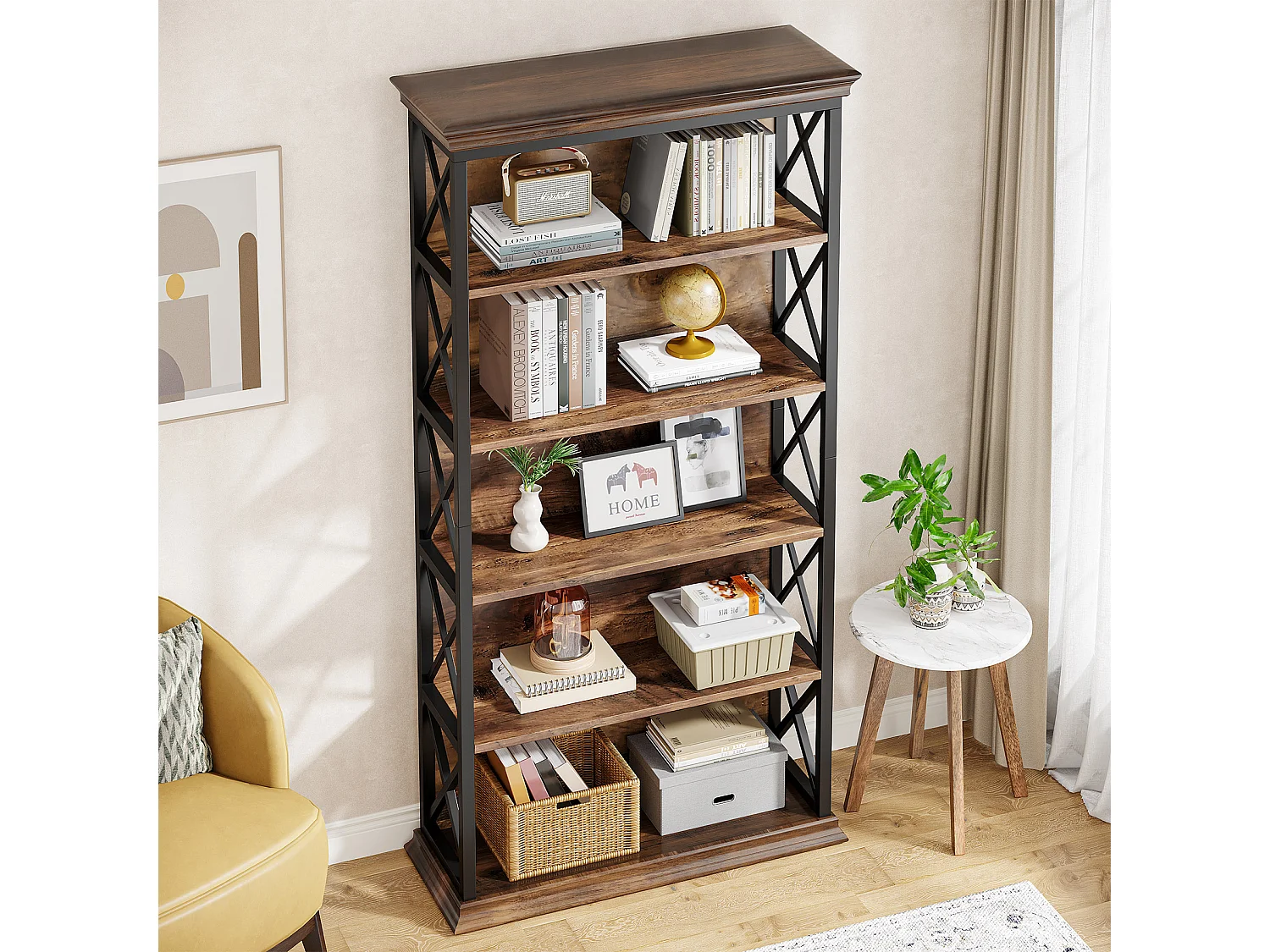 Bibliothèque Industrielle à 6 Niveaux, 180 cm, à Poser au Sol, 5 étagères de Rangement pour la Maison, Le Bureau, Marron et Noir