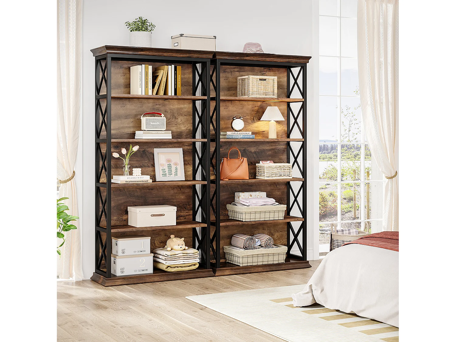 Bibliothèque Industrielle à 6 Niveaux, 180 cm, à Poser au Sol, 5 étagères de Rangement pour la Maison, Le Bureau, Marron et Noir