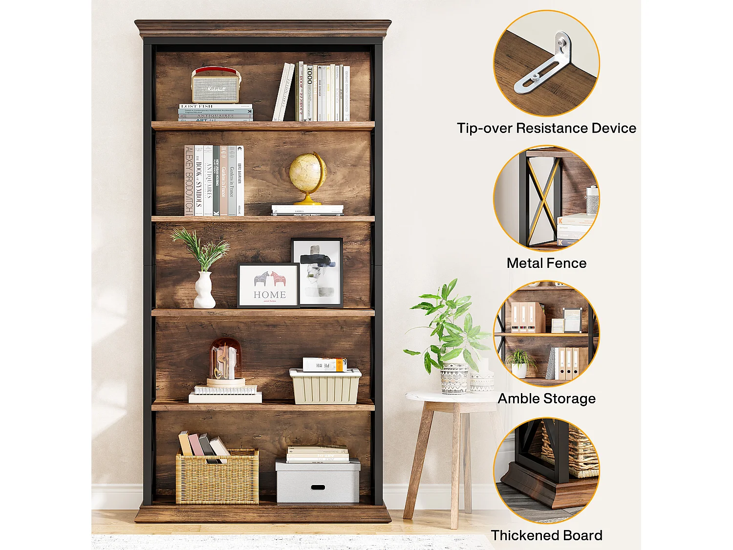 Bibliothèque Industrielle à 6 Niveaux, 180 cm, à Poser au Sol, 5 étagères de Rangement pour la Maison, Le Bureau, Marron et Noir