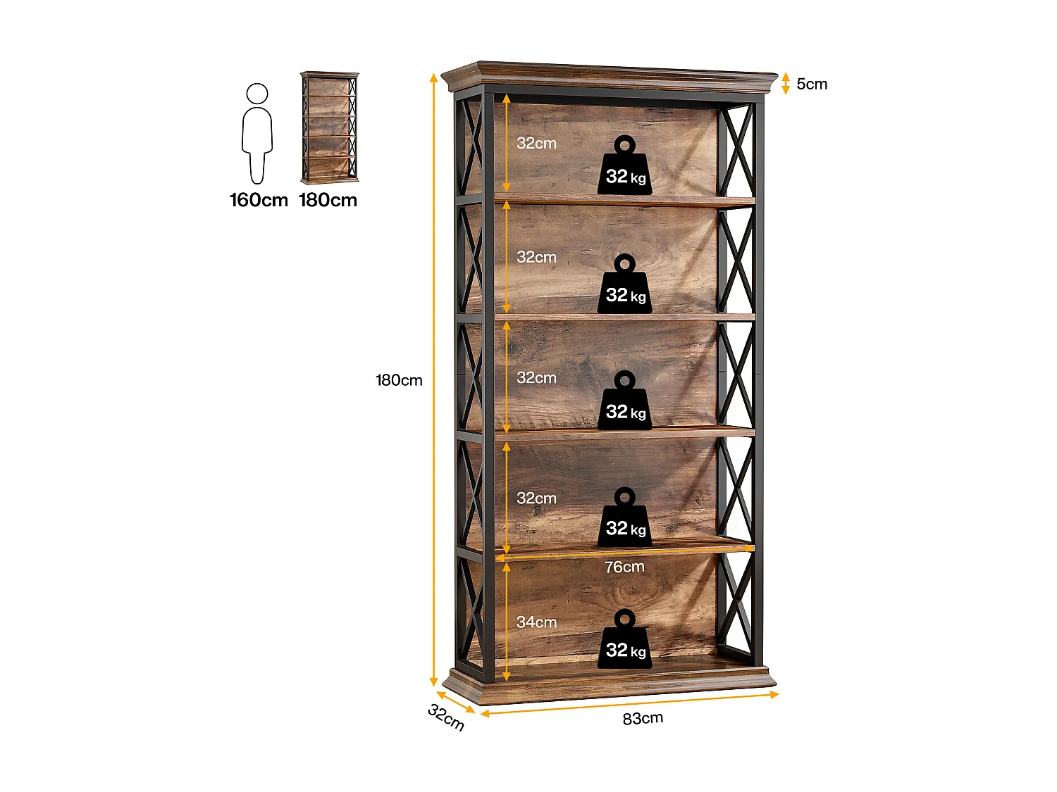 Bibliothèque Industrielle à 6 Niveaux, 180 cm, à Poser au Sol, 5 étagères de Rangement pour la Maison, Le Bureau, Marron et Noir
