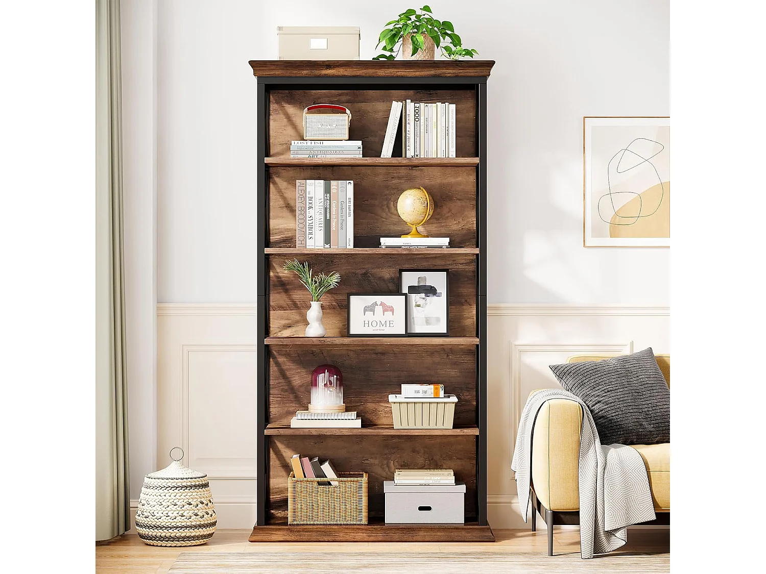 Bibliothèque Industrielle à 6 Niveaux, 180 cm, à Poser au Sol, 5 étagères de Rangement pour la Maison, Le Bureau, Marron et Noir