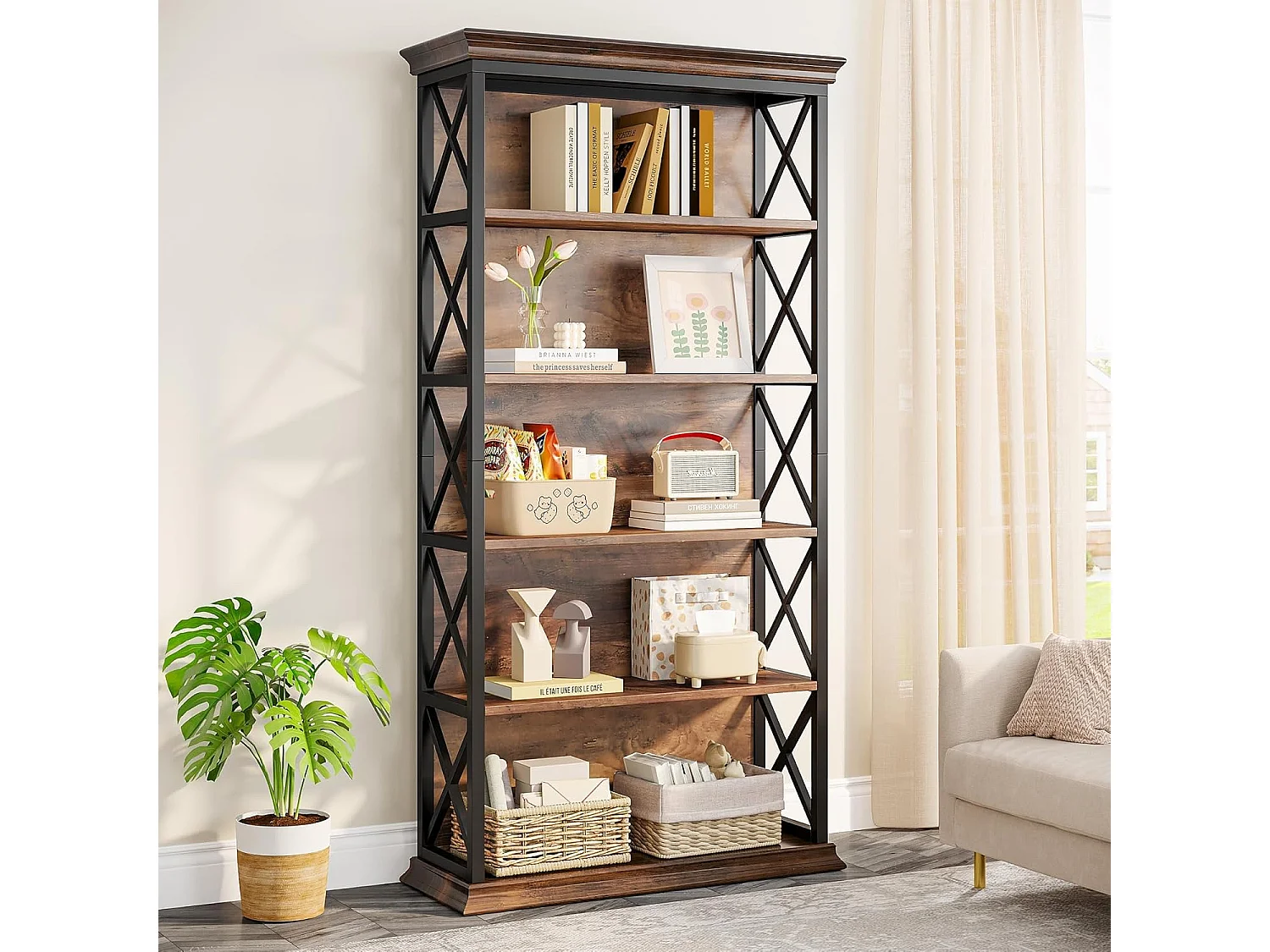 Bibliothèque Industrielle à 6 Niveaux, 180 cm, à Poser au Sol, 5 étagères de Rangement pour la Maison, Le Bureau, Marron et Noir