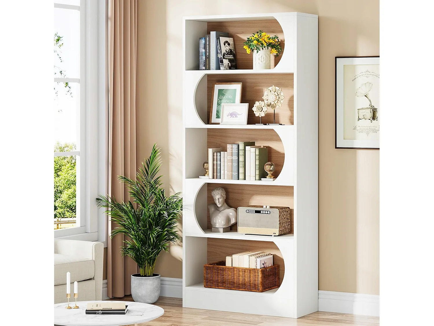 Tribesigns Bibliothèque à 5 Niveaux, 180CM Étagères de Rangement, Grande Bibliothèque Cubique Ouverte, Étagères d'Affichage en Bois pour Chambre à Coucher, Salon, Bureau, Blanc et Noyer