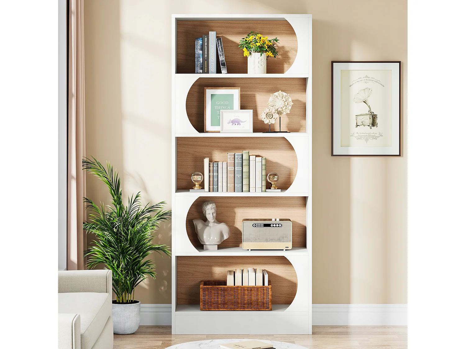 Tribesigns 5-laags boekenkast, 180CM opbergplanken, grote open kubus boekenkast, houten displayplanken voor slaapkamer, woonkamer, kantoor, wit en walnoot