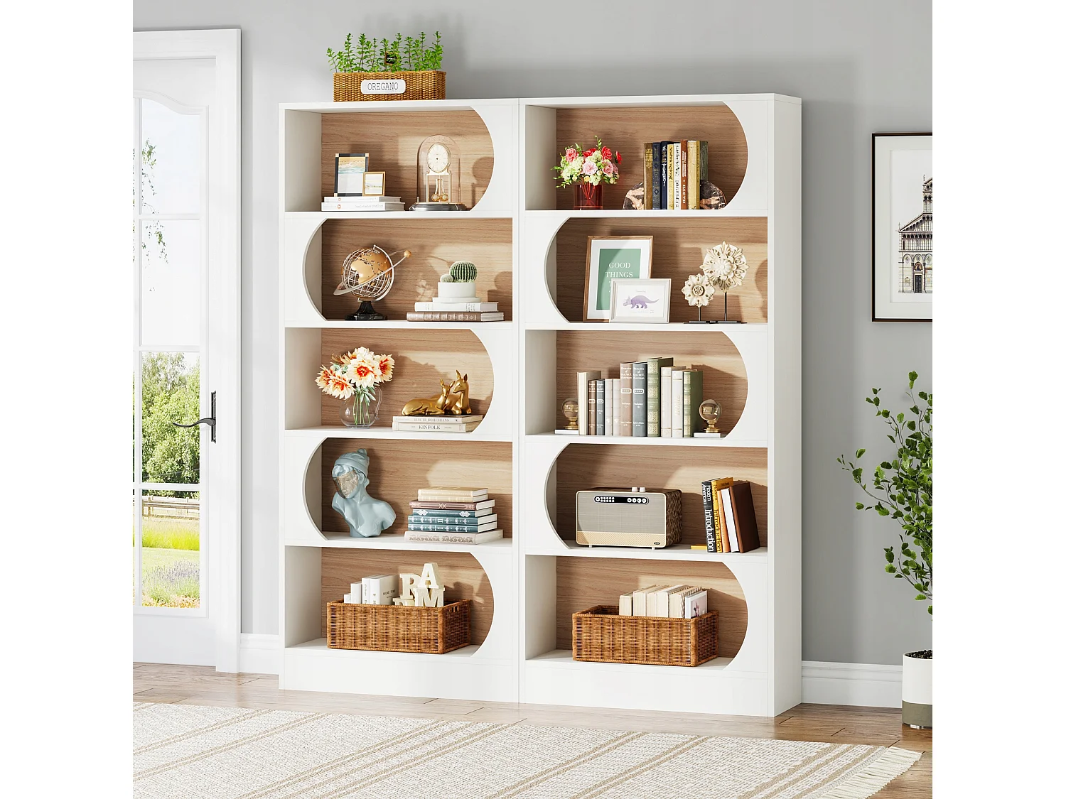Tribesigns 5-laags boekenkast, 180CM opbergplanken, grote open kubus boekenkast, houten displayplanken voor slaapkamer, woonkamer, kantoor, wit en walnoot