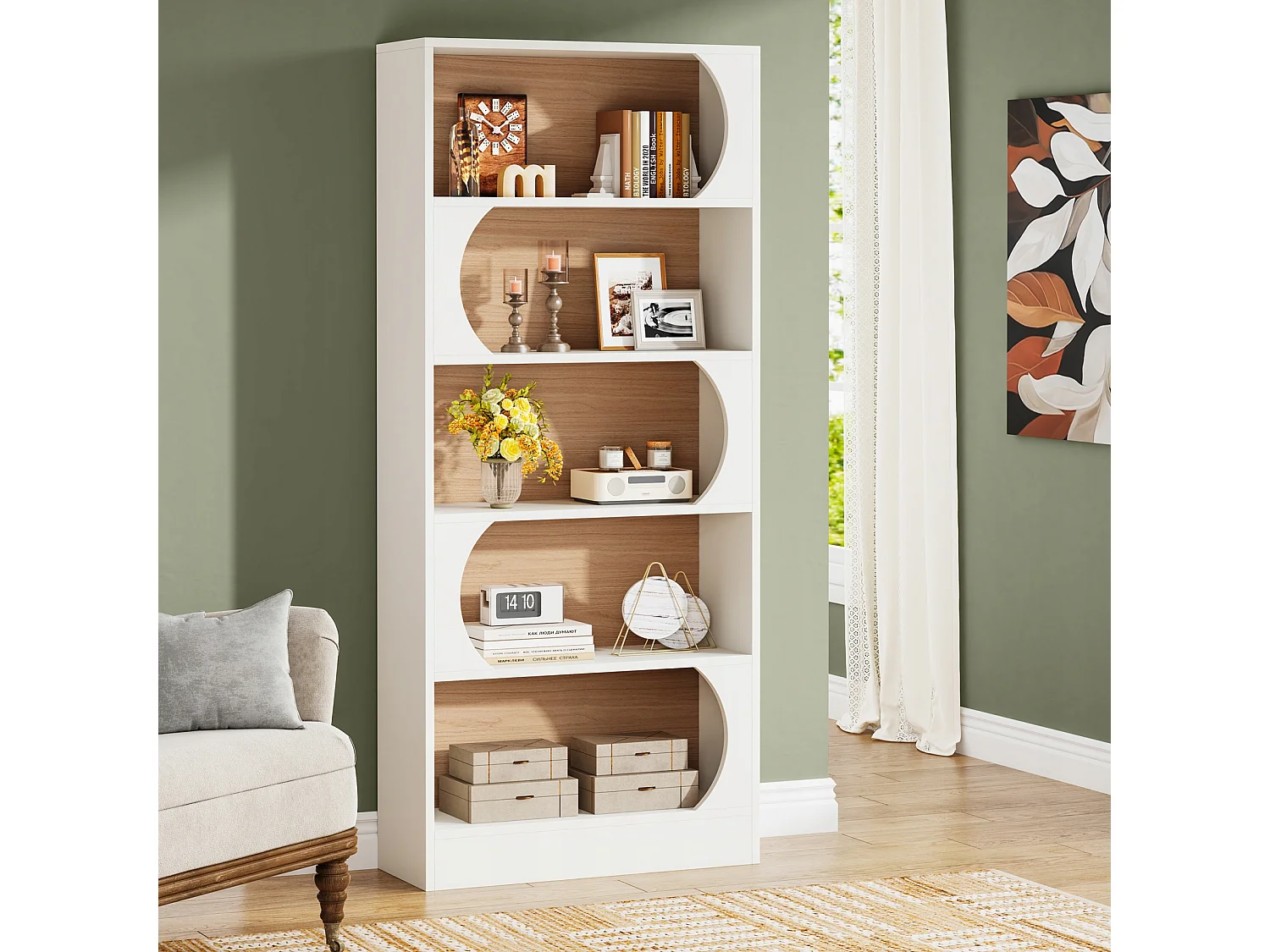 Tribesigns 5-laags boekenkast, 180CM opbergplanken, grote open kubus boekenkast, houten displayplanken voor slaapkamer, woonkamer, kantoor, wit en walnoot