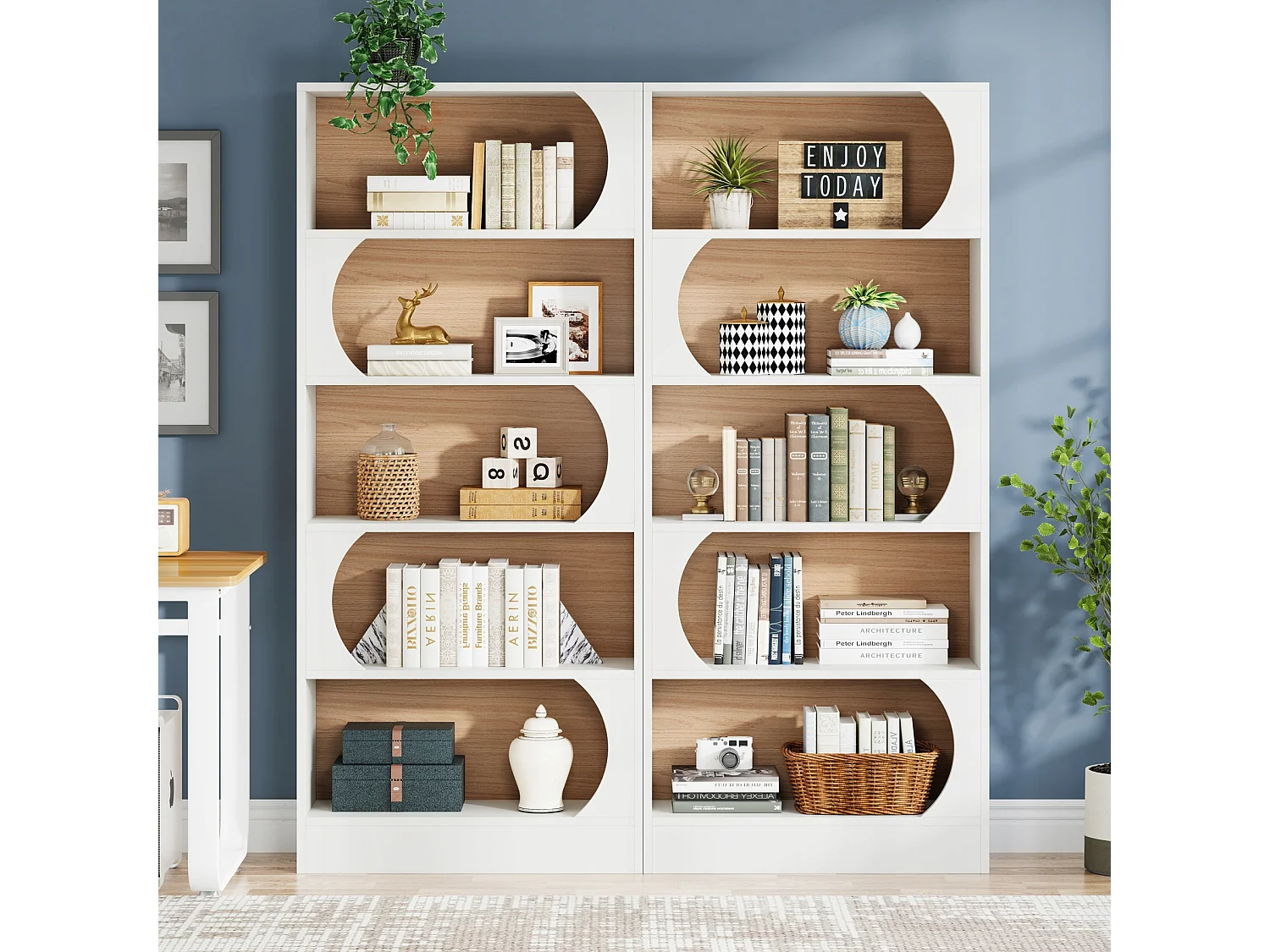 Tribesigns 5-laags boekenkast, 180CM opbergplanken, grote open kubus boekenkast, houten displayplanken voor slaapkamer, woonkamer, kantoor, wit en walnoot