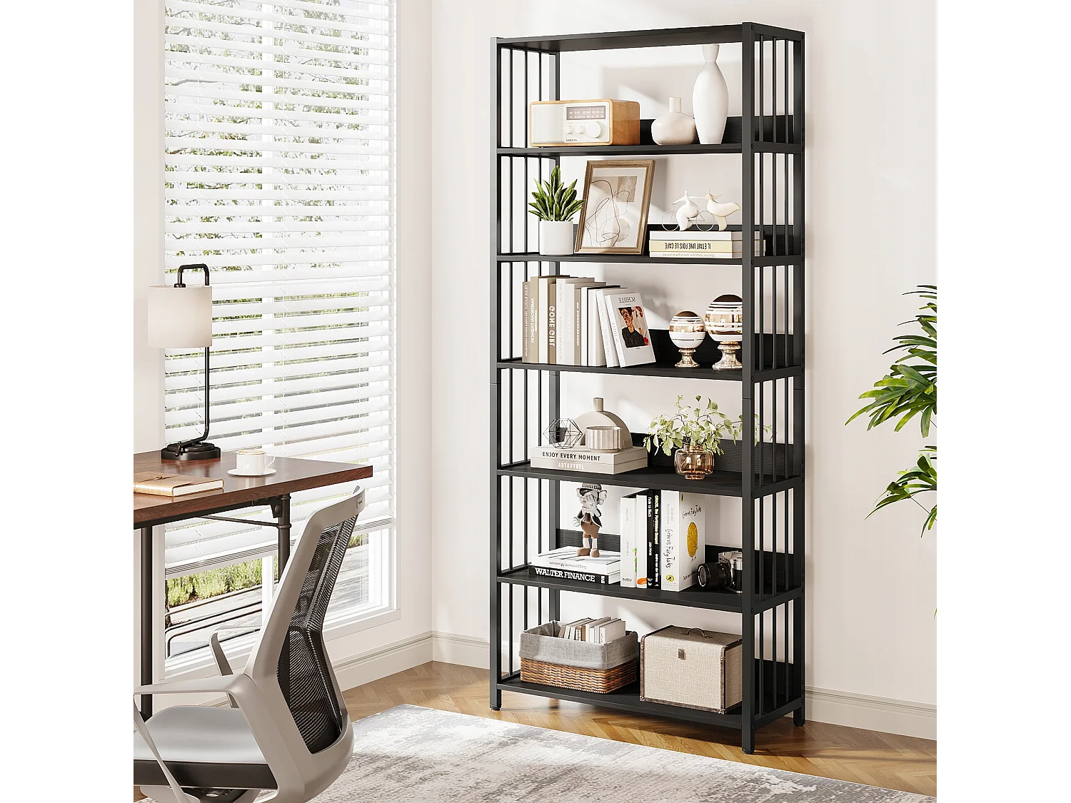 6-Schubfach-Regal, schmales, 190 cm hohes Bücherregal, unabhängiges Regal, 70 x 30 x 190 cm (schwarz)