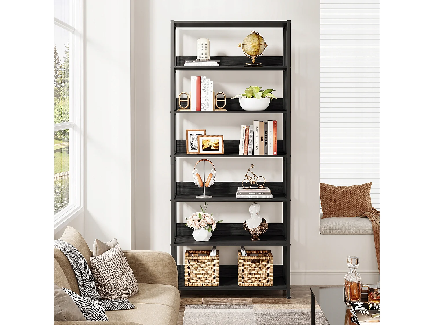 6-Schubfach-Regal, schmales, 190 cm hohes Bücherregal, unabhängiges Regal, 70 x 30 x 190 cm (schwarz)