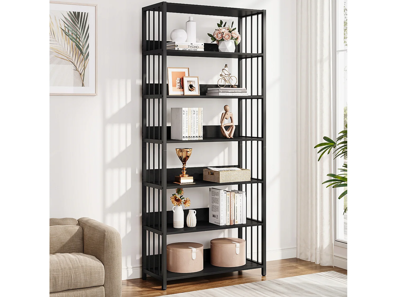 Bibliothèque Étagère de Rangement à 6 Niveaux, Bibliothèque étroite Extra Haute de 190 cm,étagères autonomes,70 x 30 x 190 cm (Noir)