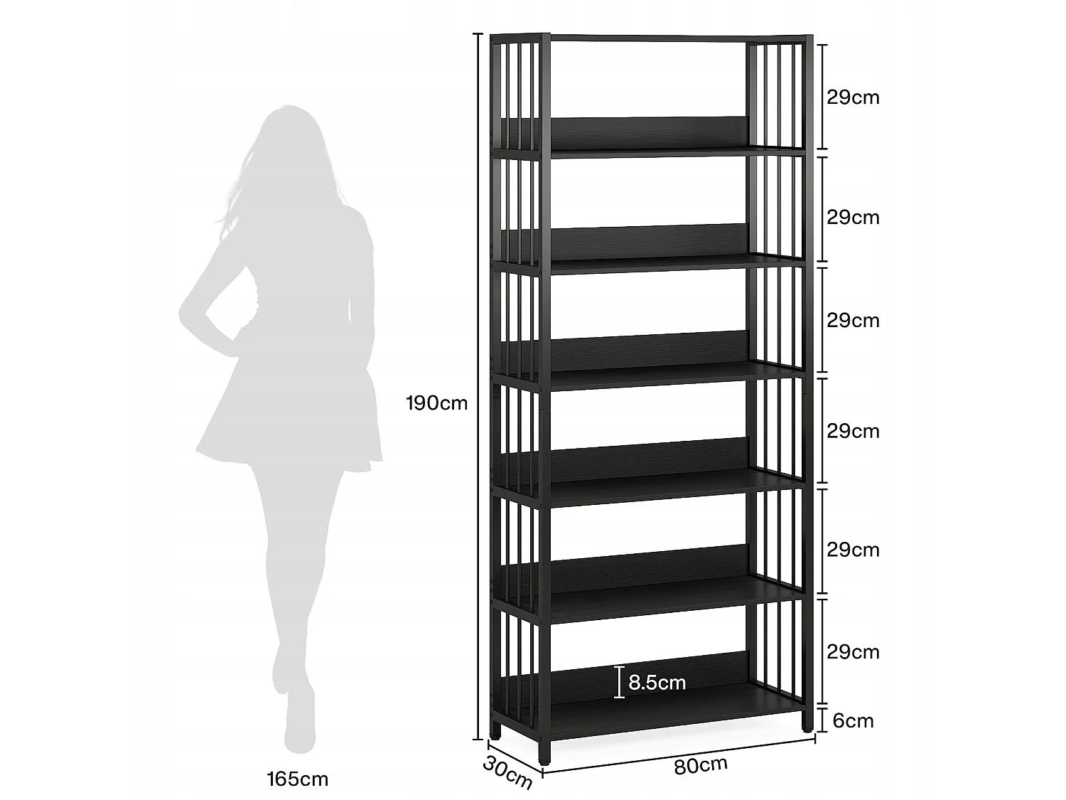 Bibliothèque Étagère de Rangement à 6 Niveaux, Bibliothèque étroite Extra Haute de 190 cm,étagères autonomes,70 x 30 x 190 cm (Noir)