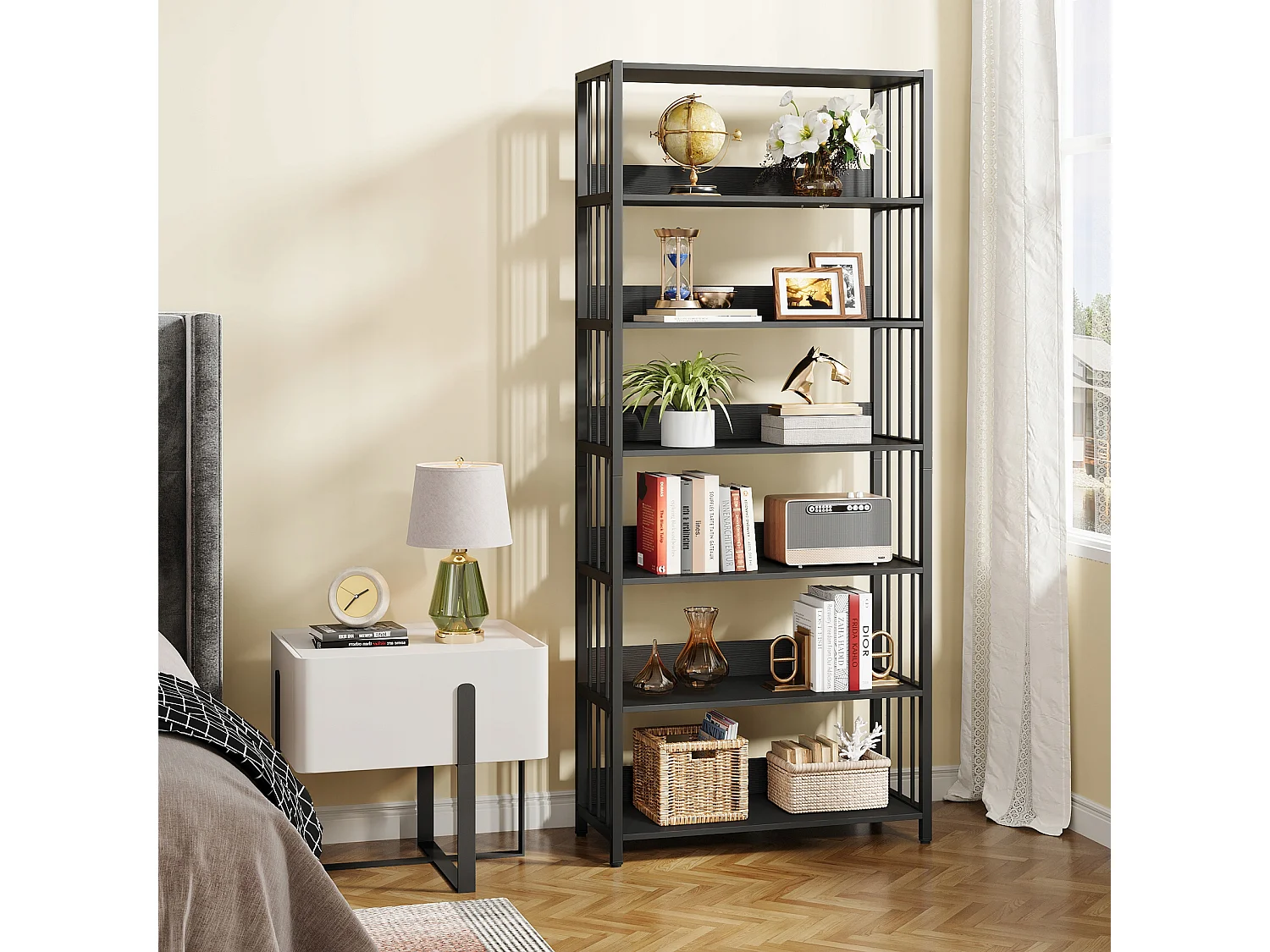 Bibliothèque Étagère de Rangement à 6 Niveaux, Bibliothèque étroite Extra Haute de 190 cm,étagères autonomes,70 x 30 x 190 cm (Noir)