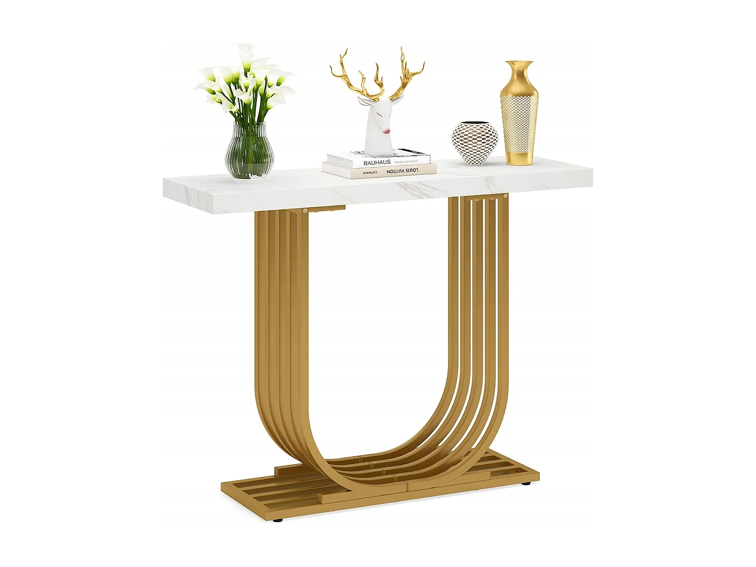 Mesa de consola moderna con base dorada, de 100 cm, de mármol imitación, mesa auxiliar estrecha con patas geométricas de metal, blanca y dorada.