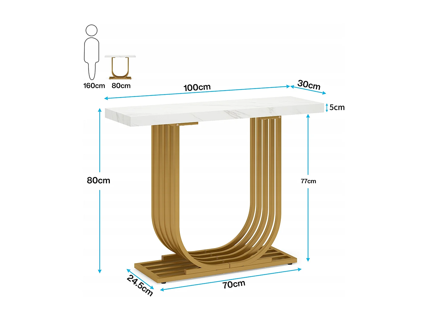 Mesa de consola moderna con base dorada, de 100 cm, de mármol imitación, mesa auxiliar estrecha con patas geométricas de metal, blanca y dorada.