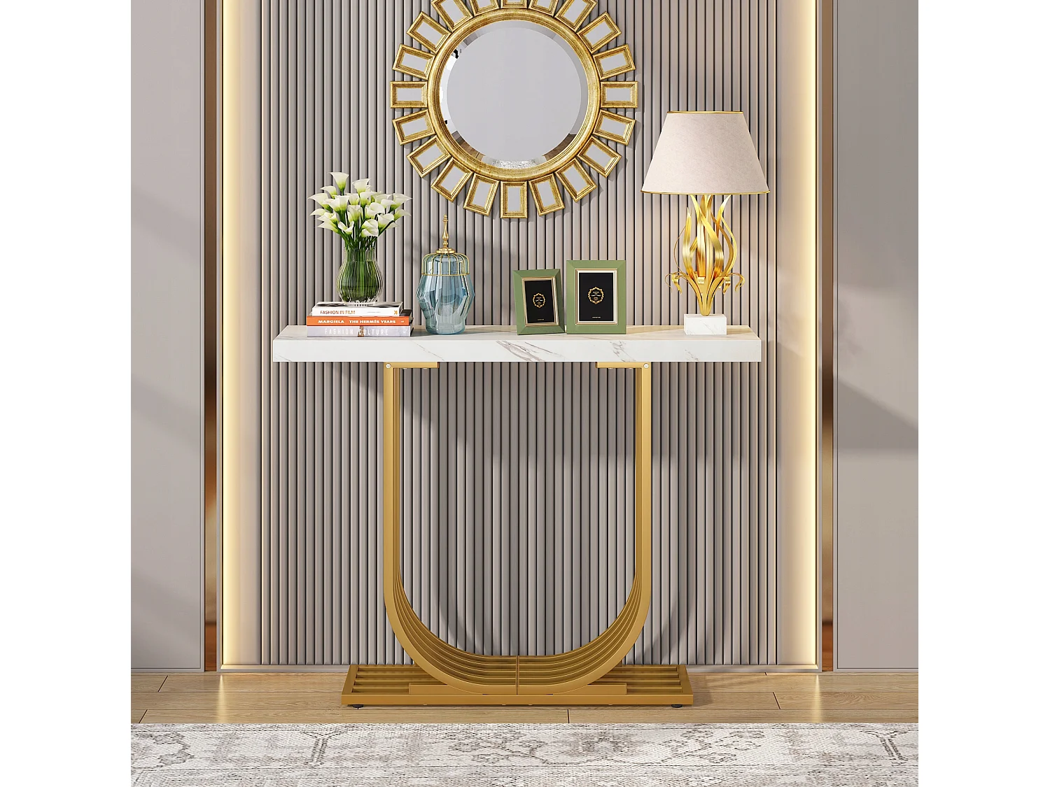 Mesa de consola moderna con base dorada, de 100 cm, de mármol imitación, mesa auxiliar estrecha con patas geométricas de metal, blanca y dorada.