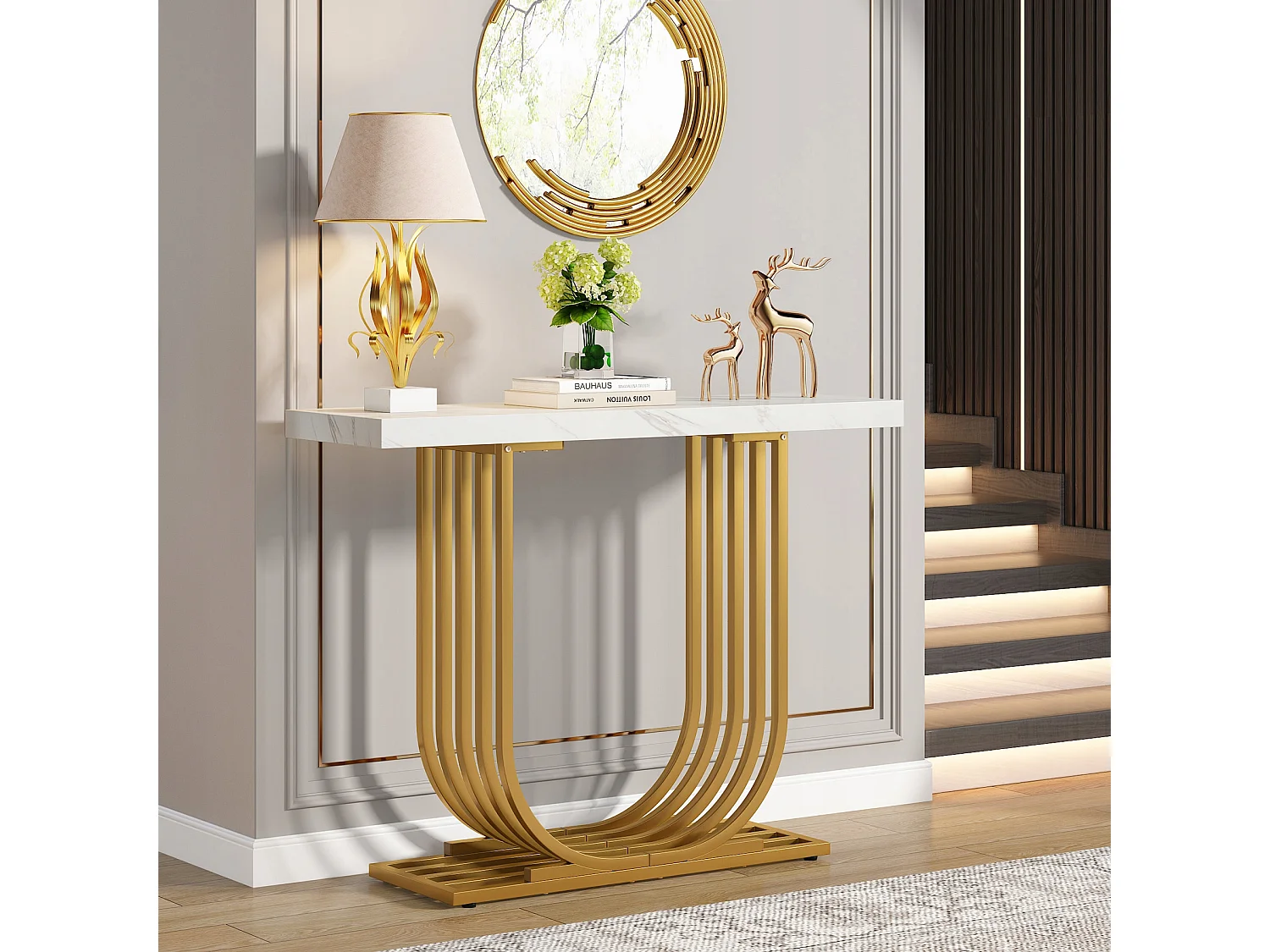 Mesa de consola moderna con base dorada, de 100 cm, de mármol imitación, mesa auxiliar estrecha con patas geométricas de metal, blanca y dorada.