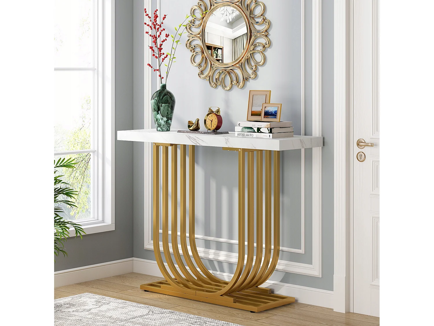 Mesa de consola moderna con base dorada, de 100 cm, de mármol imitación, mesa auxiliar estrecha con patas geométricas de metal, blanca y dorada.