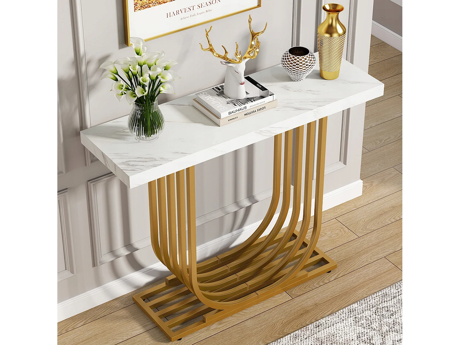 Mesa de consola moderna con base dorada, de 100 cm, de mármol imitación, mesa auxiliar estrecha con patas geométricas de metal, blanca y dorada.