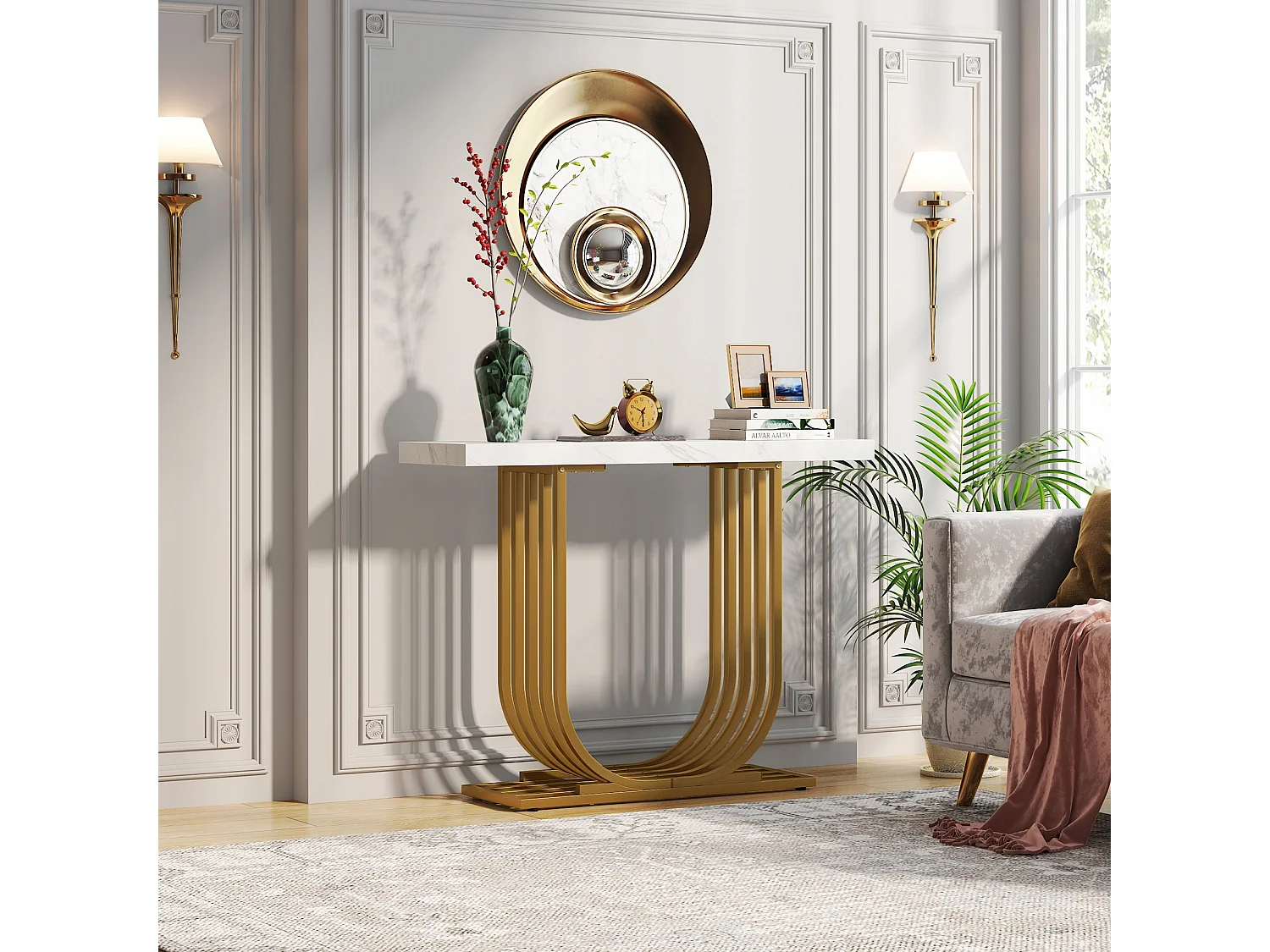 Mesa de consola moderna con base dorada, de 100 cm, de mármol imitación, mesa auxiliar estrecha con patas geométricas de metal, blanca y dorada.