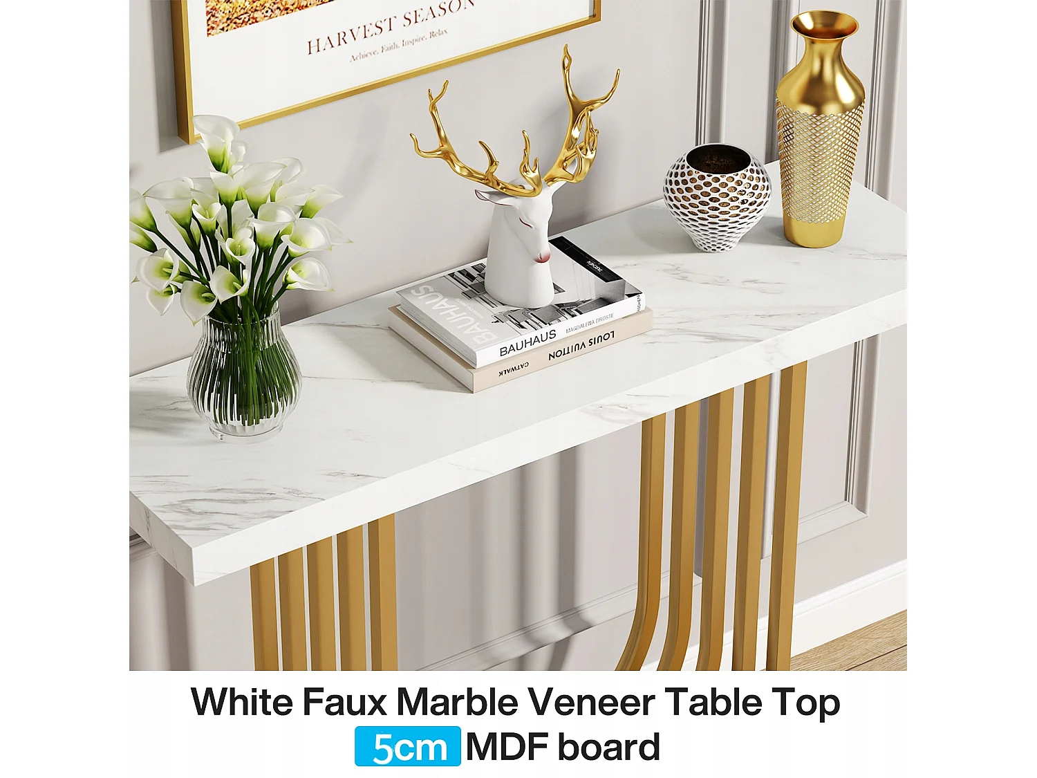 Mesa de consola moderna con base dorada, de 100 cm, de mármol imitación, mesa auxiliar estrecha con patas geométricas de metal, blanca y dorada.