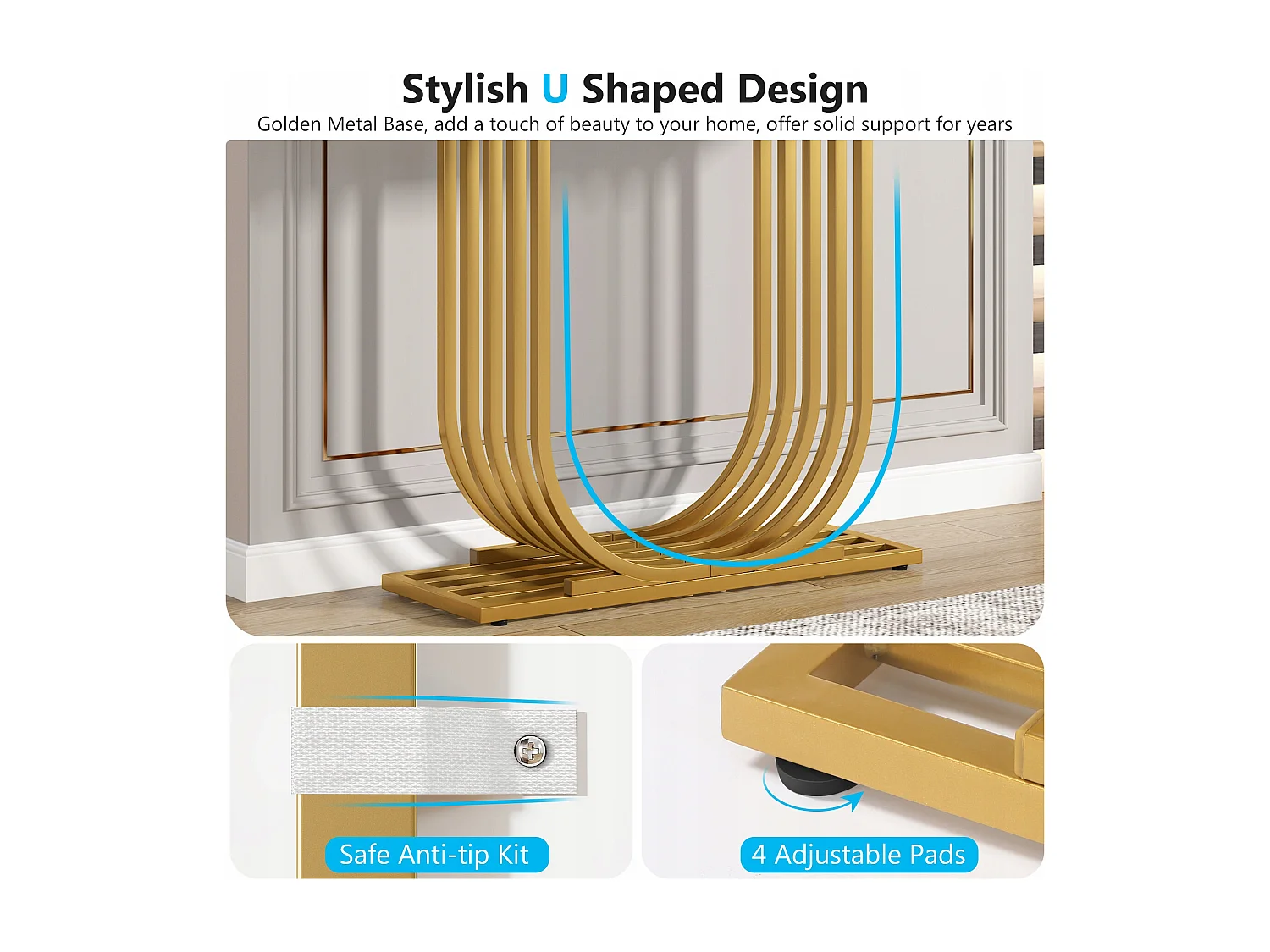 Mesa de consola moderna con base dorada, de 100 cm, de mármol imitación, mesa auxiliar estrecha con patas geométricas de metal, blanca y dorada.