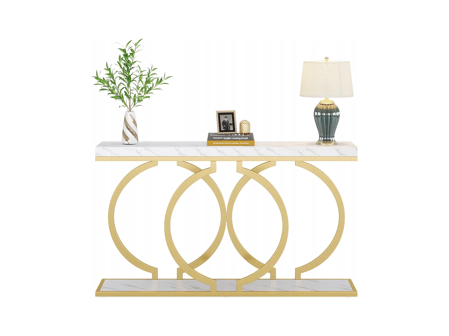 Table Console dorée de 140 cm, Table d'entrée Moderne avec Pieds en métal doré en Forme de O, Imitation marbre Blanc, Table d'entrée pour Salon