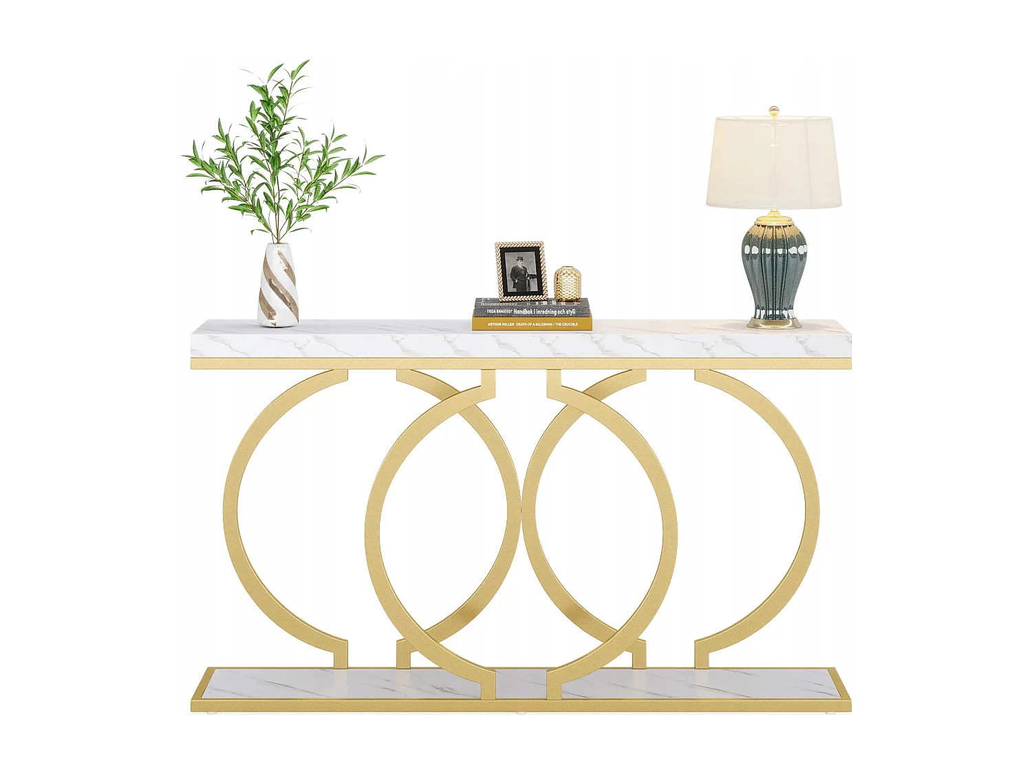 Table Console dorée de 140 cm, Table d'entrée Moderne avec Pieds en métal doré en Forme de O, Imitation marbre Blanc, Table d'entrée pour Salon